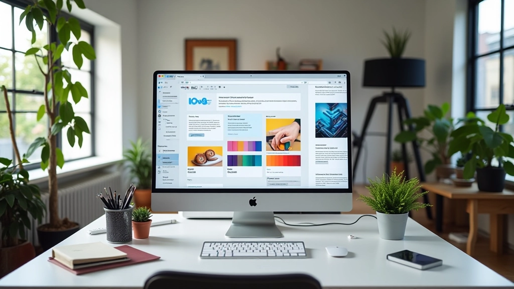Studio di design moderno con palette colori e sistema tipografico coerente su monitor